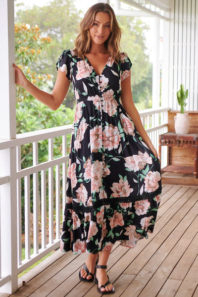 Carmen - Peach Wildflower Maxi Dress