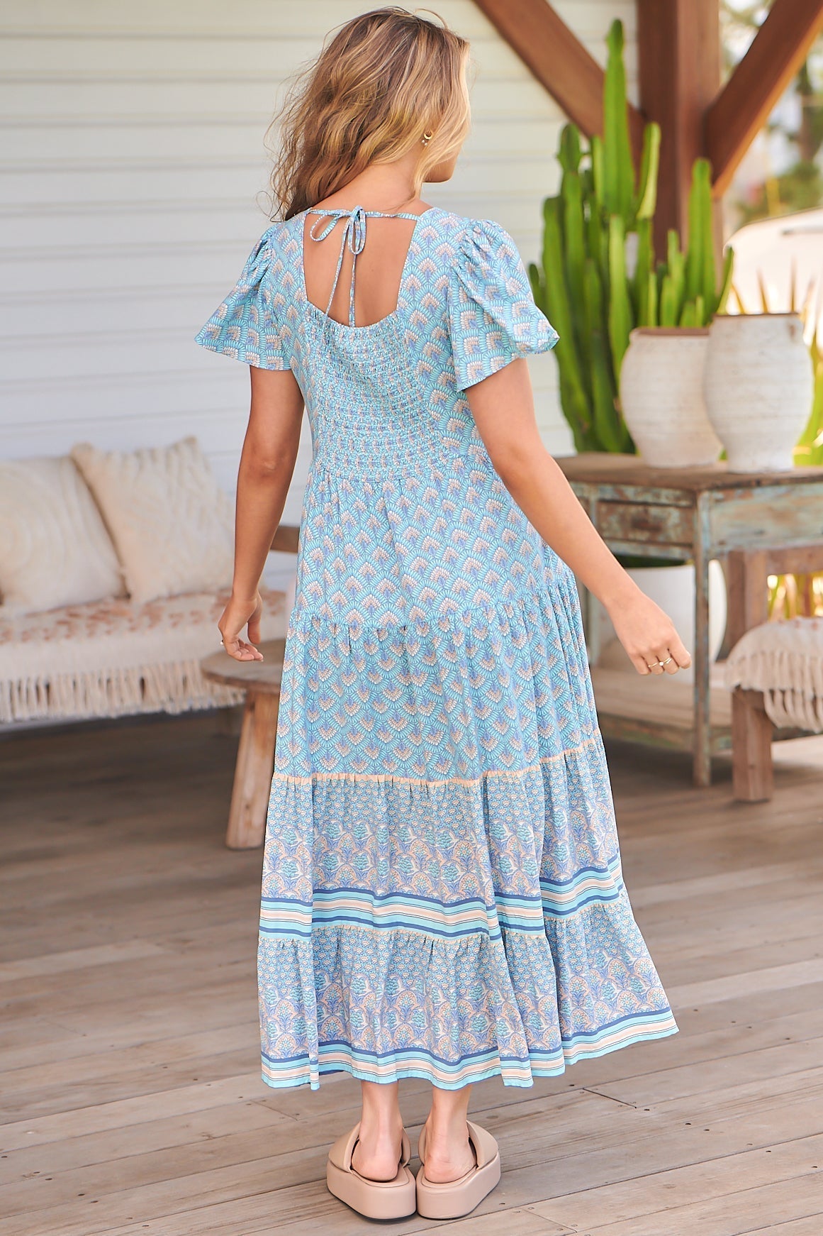 Isabella Maxi Dress - Scoop Neckline Cap Sleeve Dress in Sea Eden Print