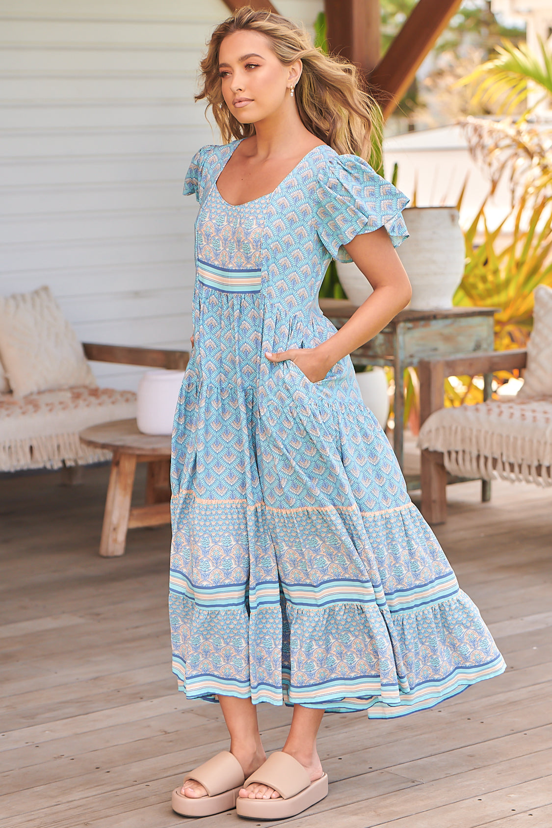 Isabella Maxi Dress - Scoop Neckline Cap Sleeve Dress in Sea Eden Print