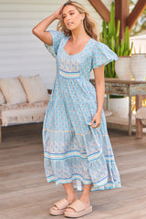 Isabella Maxi Dress - Scoop Neckline Cap Sleeve Dress in Sea Eden Print