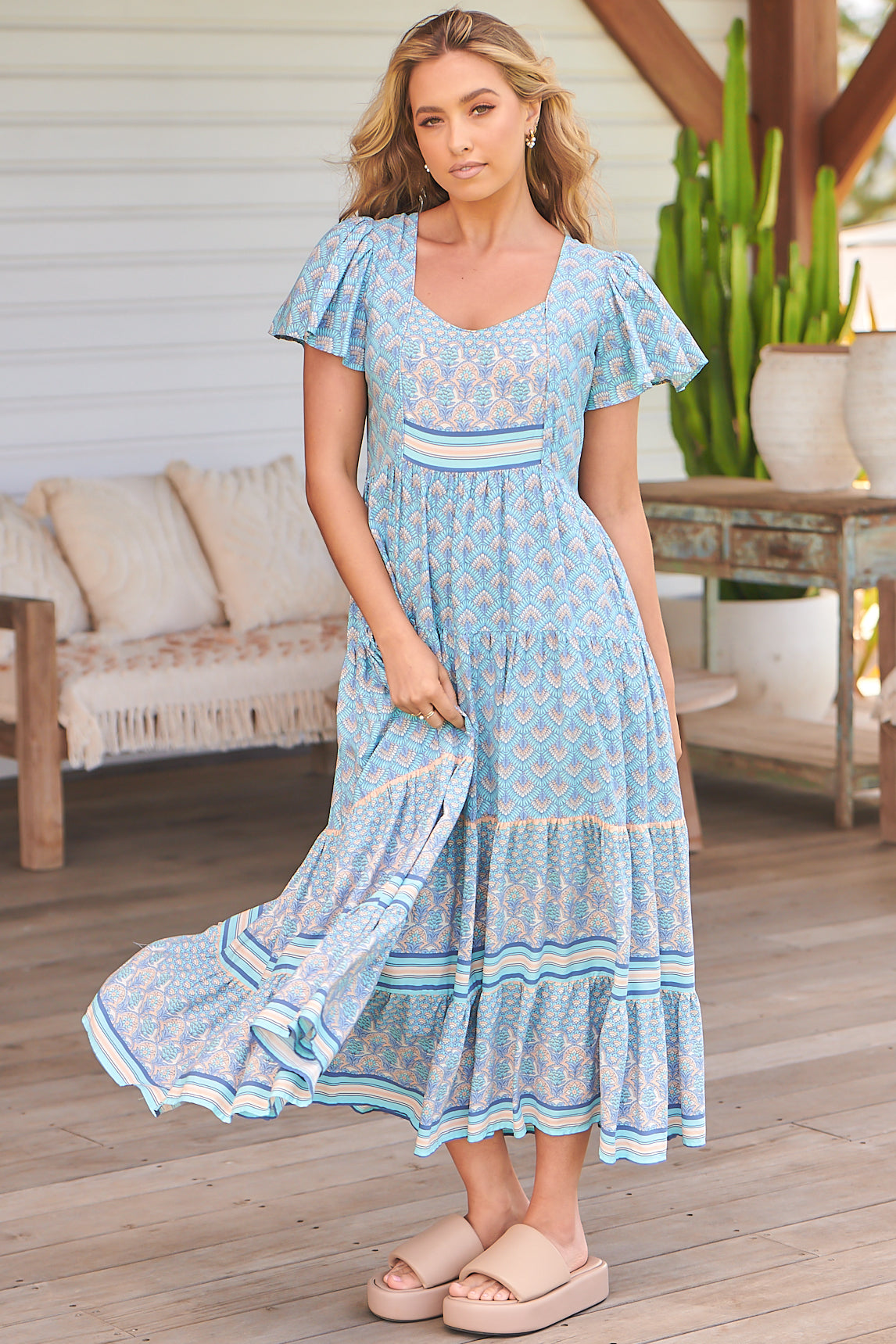 Isabella Maxi Dress - Scoop Neckline Cap Sleeve Dress in Sea Eden Print