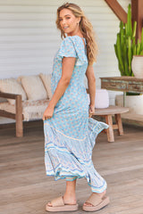 Isabella Maxi Dress - Scoop Neckline Cap Sleeve Dress in Sea Eden Print