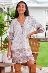 JAASE - Lake Mini Dress: Balloon Sleeve V Neck Dress with Crochet Hemline in Lulu Print