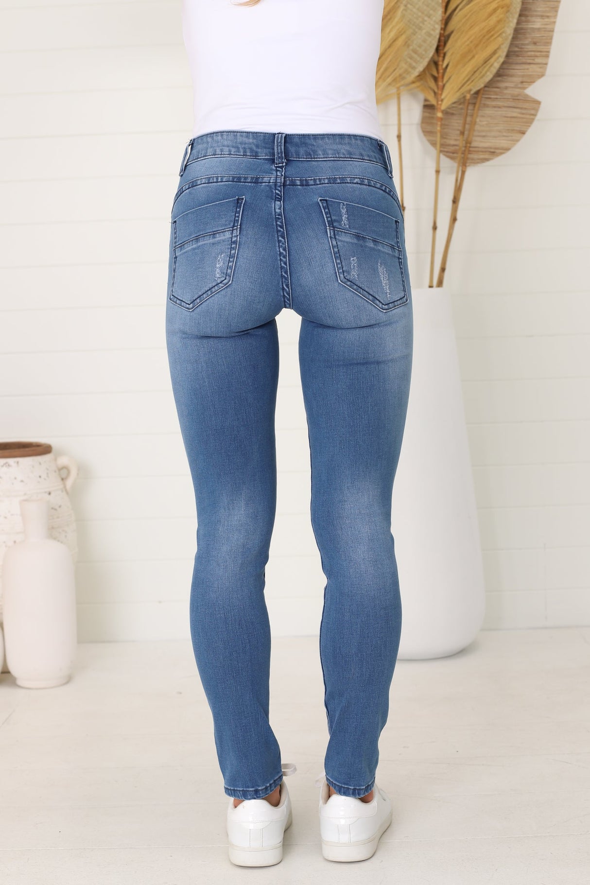 Laurel Jeans - Mid Rise Skinny Leg Distressed Jeans in Blue