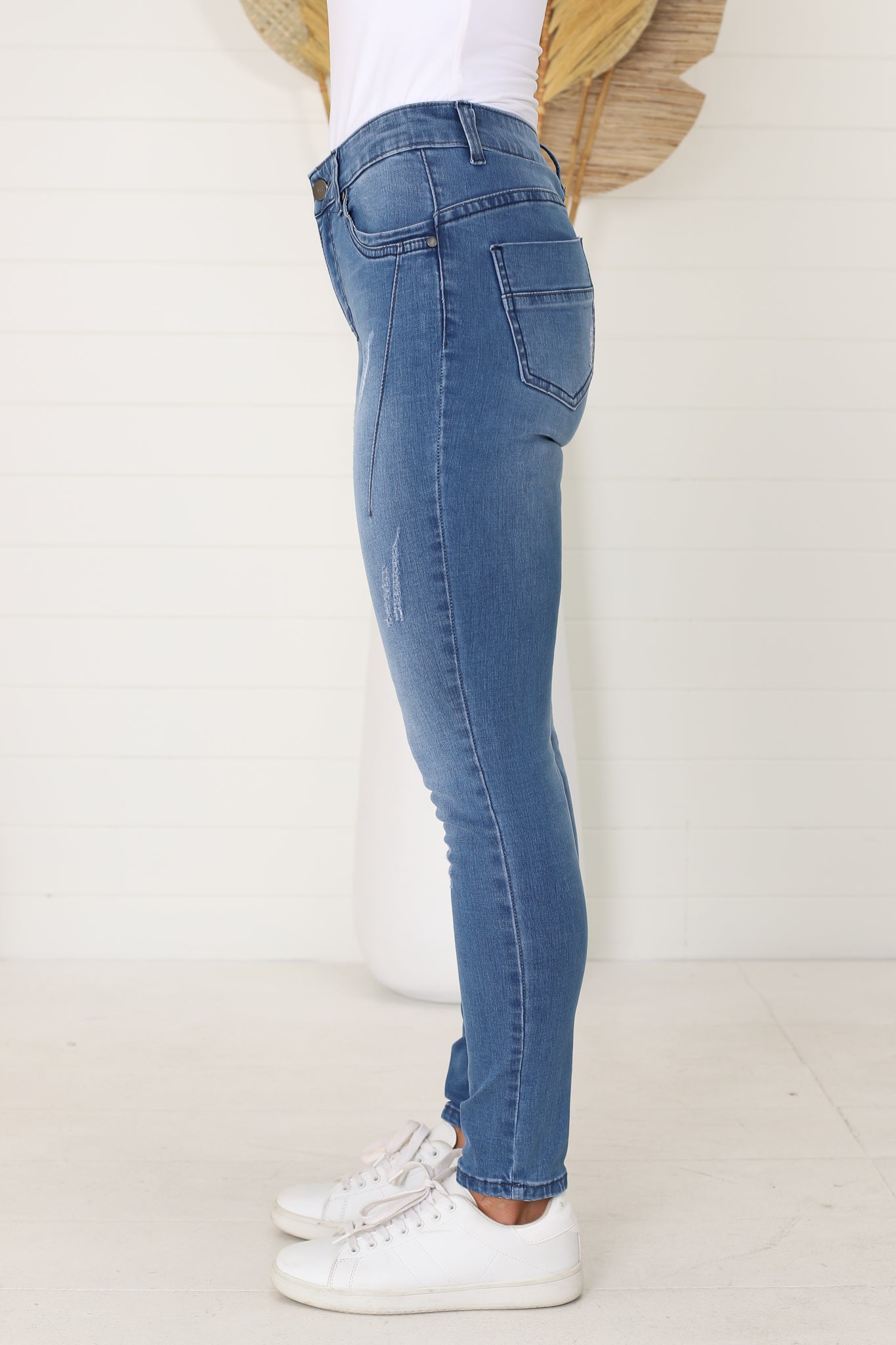 Laurel Jeans - Mid Rise Skinny Leg Distressed Jeans in Blue