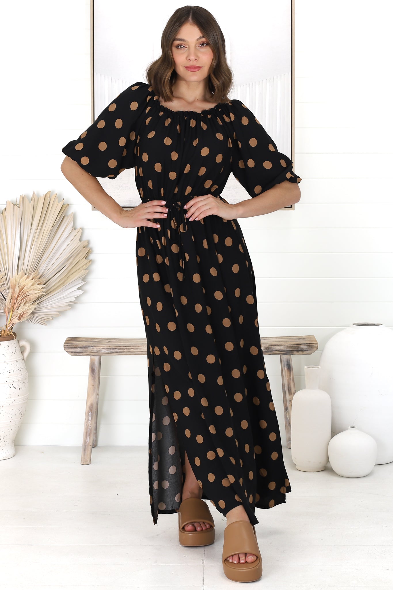 Layla Maxi Dress - Off Shoulder Balloon Sleeve Pull in Waist Tie Dress in Mahony Print