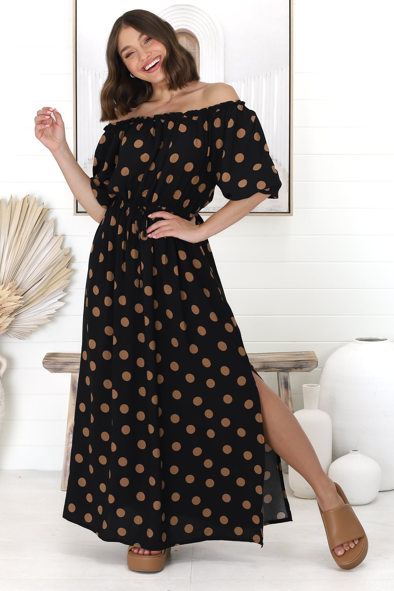 Layla Maxi Dress - Off Shoulder Balloon Sleeve Pull in Waist Tie Dress in Mahony Print