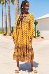 Liliana Midi Dress - V Neckline with Long Sleeves Dress in Sunbeam Print