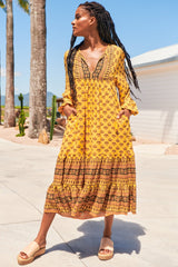 Liliana Midi Dress - V Neckline with Long Sleeves Dress in Sunbeam Print