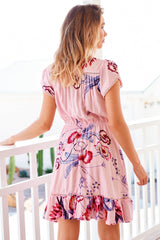 JAASE - Lizzie Mini Dress: Butterfly Cap Sleeve Button Down Dress with Pockets in Dahlia Print