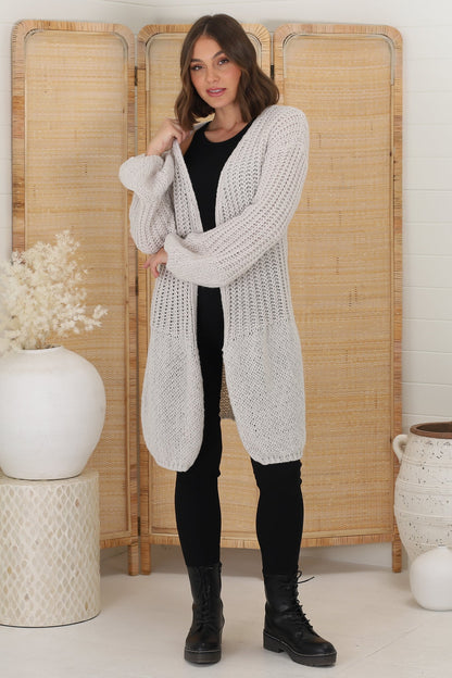 Lockie Cardigan - Long Cable and Waffle Knit Blend Cardigan in Grey