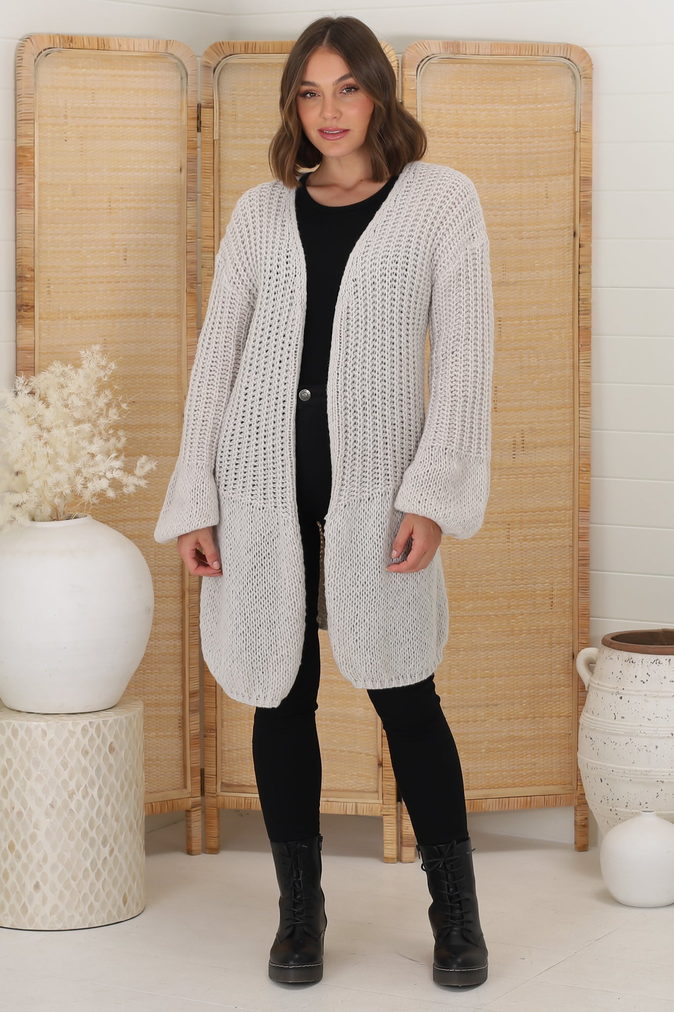 Lockie Cardigan - Long Cable and Waffle Knit Blend Cardigan in Grey