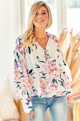 Lorne Top - Long Balloon Sleeve Top with V Neckline in Peony Princess Print