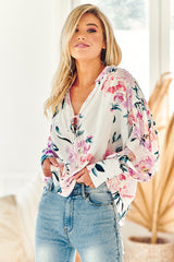 Lorne Top - Long Balloon Sleeve Top with V Neckline in Peony Princess Print