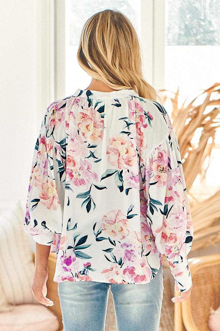 Lorne Top - Long Balloon Sleeve Top with V Neckline in Peony Princess Print