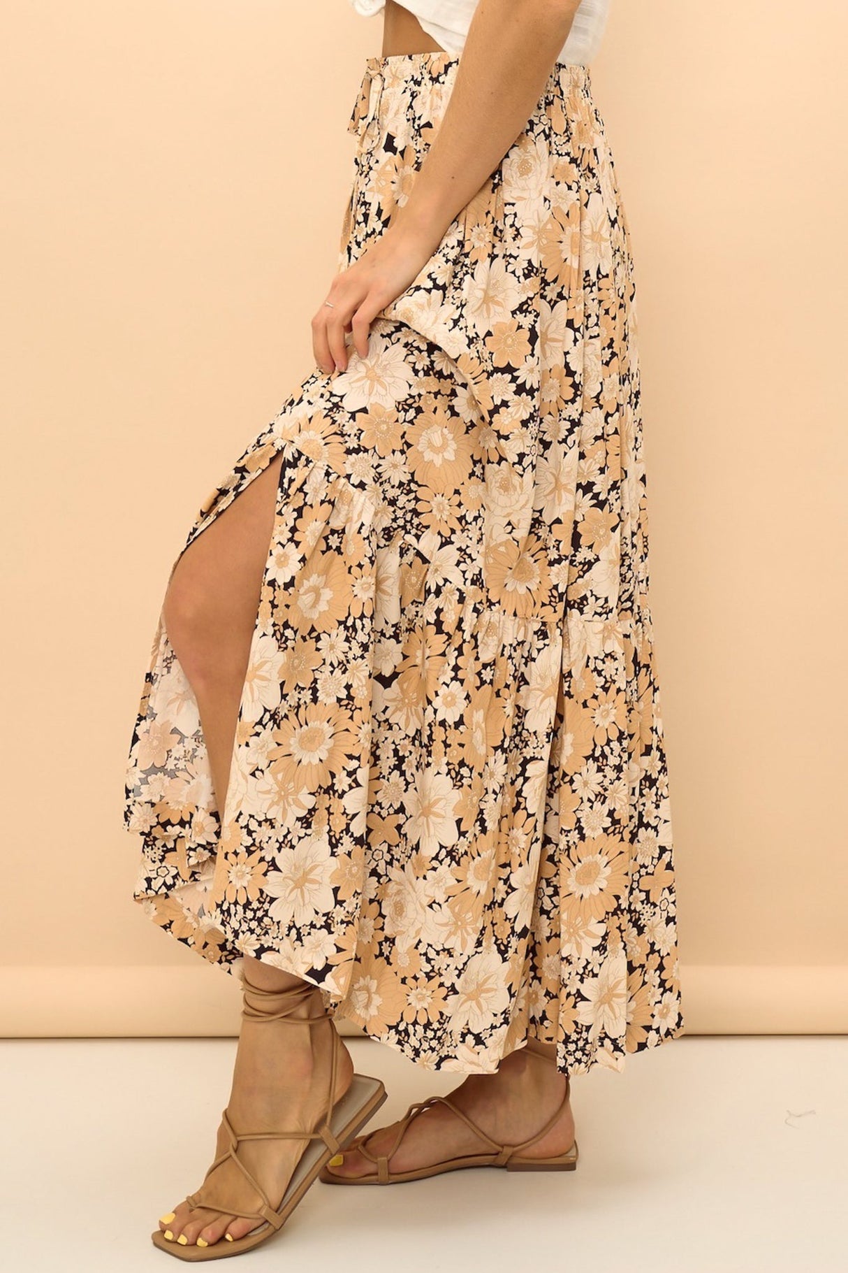 Zia Maxi Skirt - High Waisted Skirt with Tassel Waist Tie and Front Splits in Lyanna Print