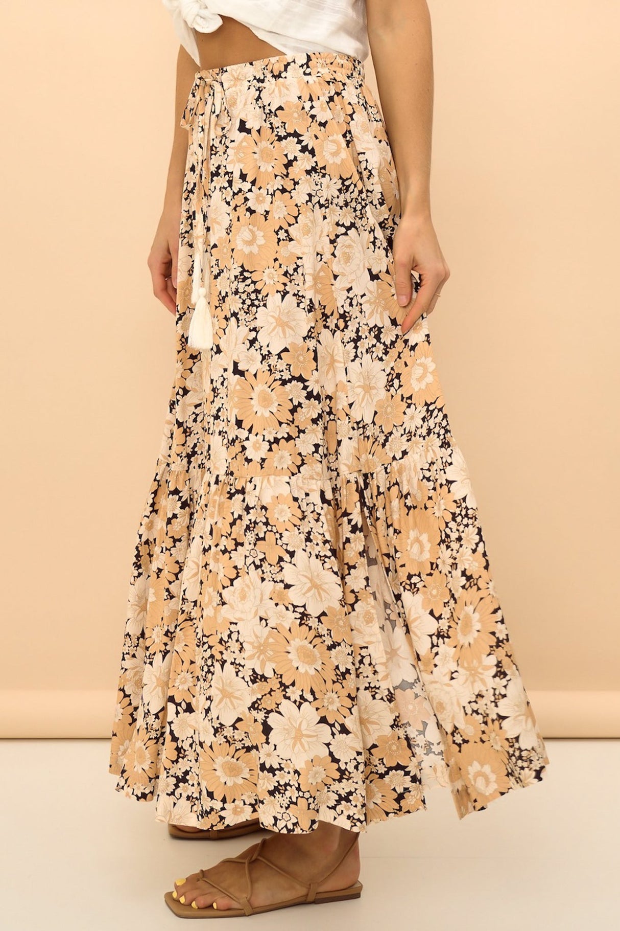 Zia Maxi Skirt - High Waisted Skirt with Tassel Waist Tie and Front Splits in Lyanna Print