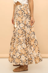 Zia Maxi Skirt - High Waisted Skirt with Tassel Waist Tie and Front Splits in Lyanna Print