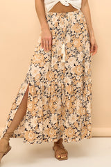 Zia Maxi Skirt - High Waisted Skirt with Tassel Waist Tie and Front Splits in Lyanna Print