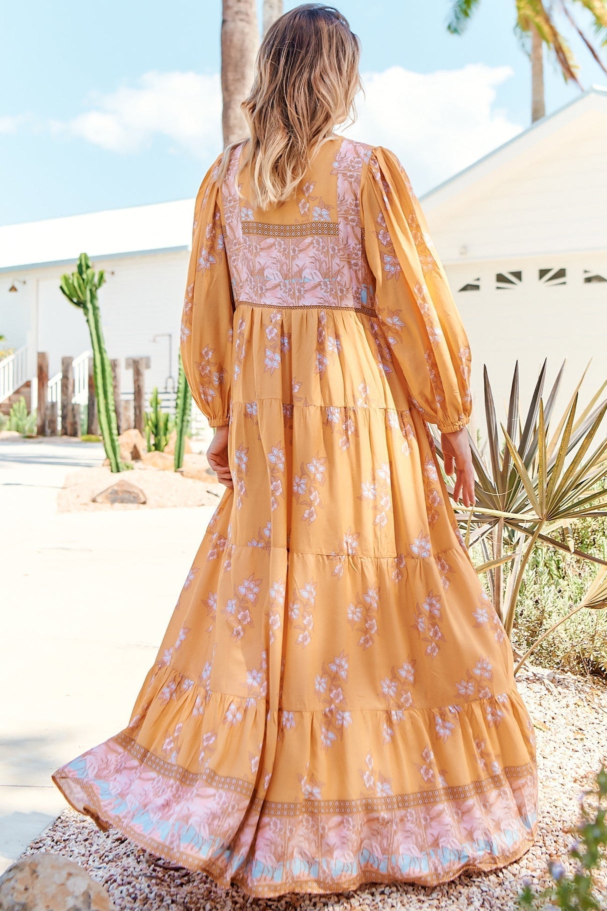 JAASE - Meadow Maxi Dress: Long Sleeve Full Length Tiered Maxi Dress in Mango Paper Crane Print