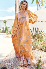 JAASE - Meadow Maxi Dress: Long Sleeve Full Length Tiered Maxi Dress in Mango Paper Crane Print