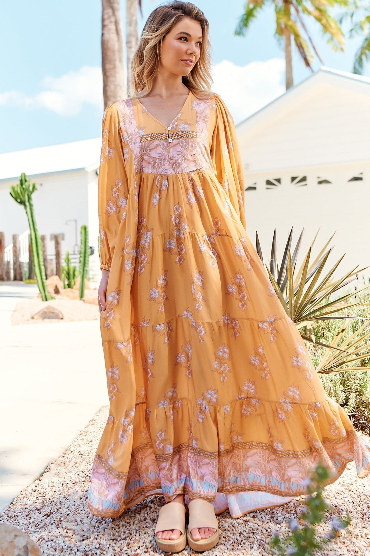 JAASE - Meadow Maxi Dress: Long Sleeve Full Length Tiered Maxi Dress in Mango Paper Crane Print