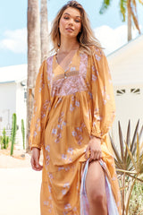 JAASE - Meadow Maxi Dress: Long Sleeve Full Length Tiered Maxi Dress in Mango Paper Crane Print