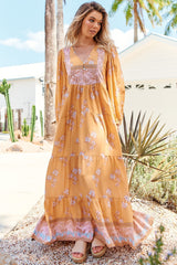 JAASE - Meadow Maxi Dress: Long Sleeve Full Length Tiered Maxi Dress in Mango Paper Crane Print