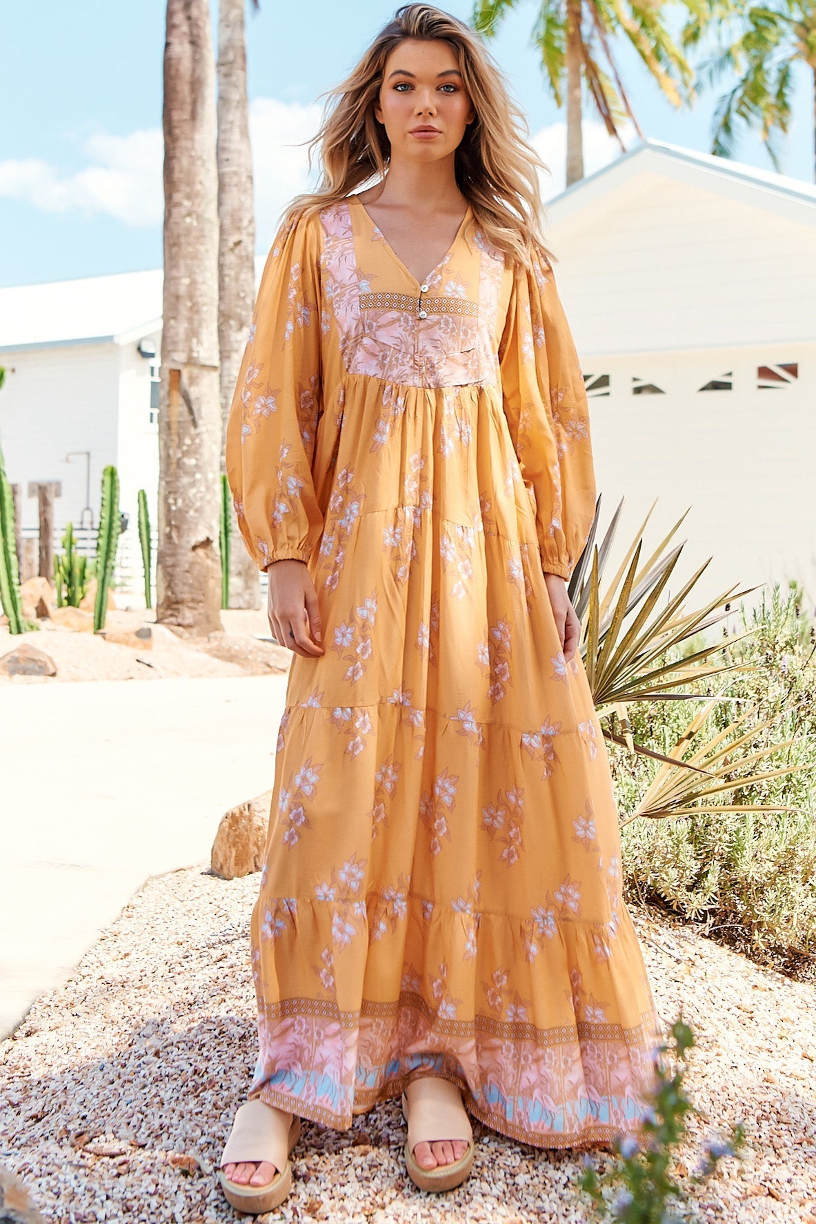 JAASE - Meadow Maxi Dress: Long Sleeve Full Length Tiered Maxi Dress in Mango Paper Crane Print