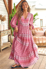 JAASE - Meadow Maxi Dress: V-Neck Long Sleeve Tiered Dress in Rose Blossom Print