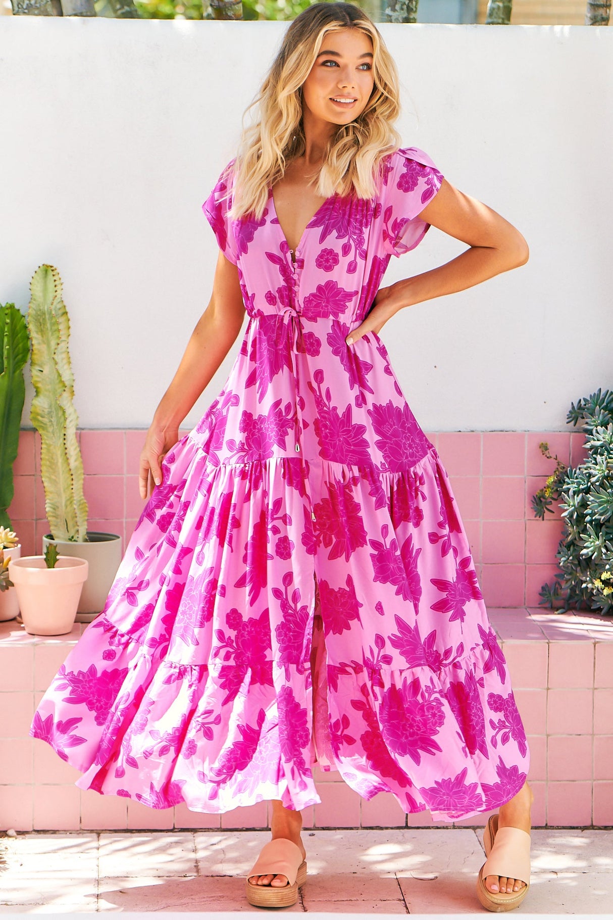 Melissa Maxi Dress - Pull Tie Waist Dress with Split in Valentine Print