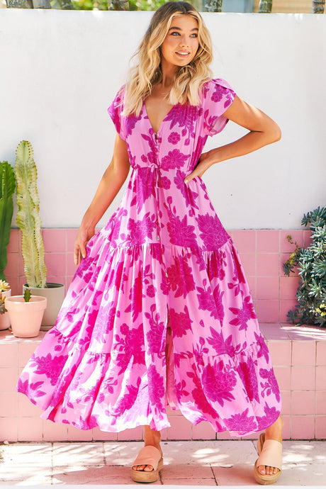 Melissa Maxi Dress - Pull Tie Waist Dress with Split in Valentine Print
