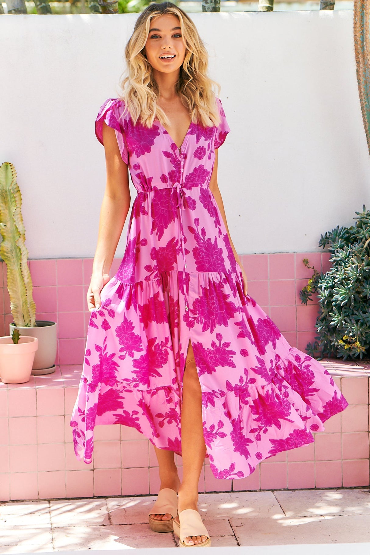 Melissa Maxi Dress - Pull Tie Waist Dress with Split in Valentine Print