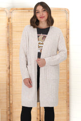 Mireena Cardigan - Ribbed Open Front Cardigan with Pockets in Cream