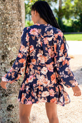 JAASE - Monroe Mini Dress: Mandarin Collar with Buttoned Bodice in Navy Winter Rose Print