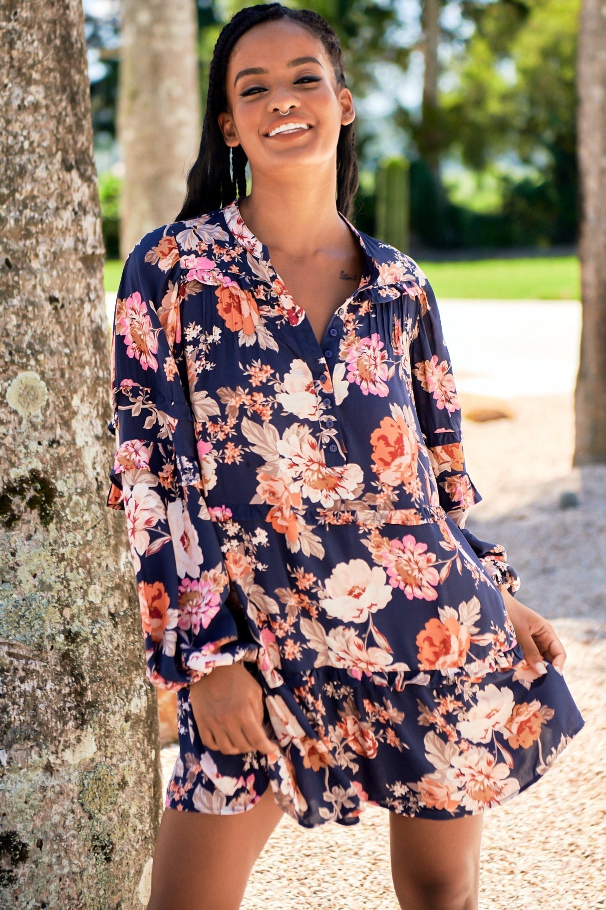 JAASE - Monroe Mini Dress: Mandarin Collar with Buttoned Bodice in Navy Winter Rose Print