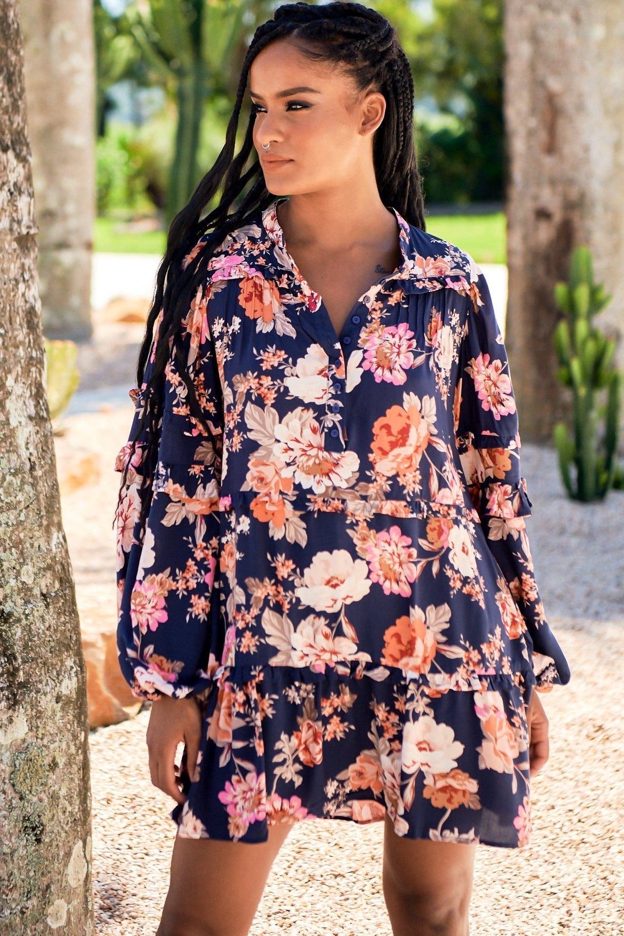 JAASE - Monroe Mini Dress: Mandarin Collar with Buttoned Bodice in Navy Winter Rose Print