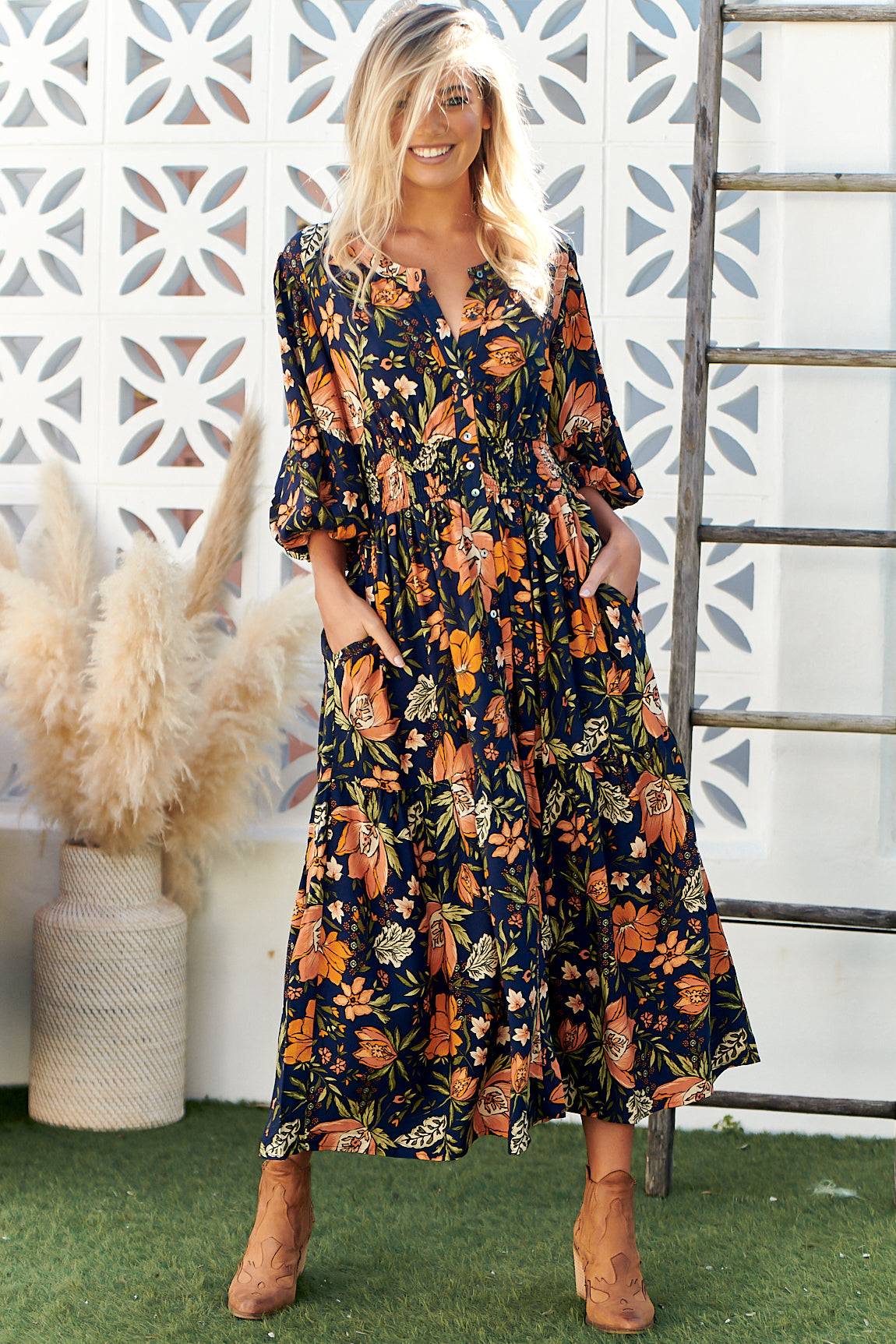 JAASE - Nevada Midi Dress: Mandarin Collar Button Down Dress in California Poppy Print