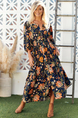 JAASE - Nevada Midi Dress: Mandarin Collar Button Down Dress in California Poppy Print