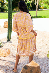 JAASE - Palace Midi Dress: Pom Pom Spliced Batwing Sleeve Dress with Neck Tie in Elodie Print