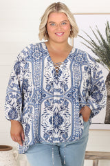 Palas Top - V Neck Slouch Blouse with Criss Cross Bust Tie In Denim Dreams Print