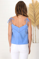 Petal Cami - Pleat V Neckline Tie Up Strap Top in Blue