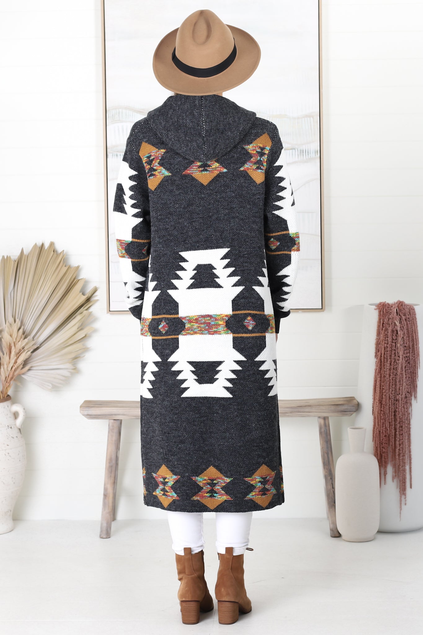 Quest Cardigan - Hooded Long Line Graphic Cardigan in Charcoal