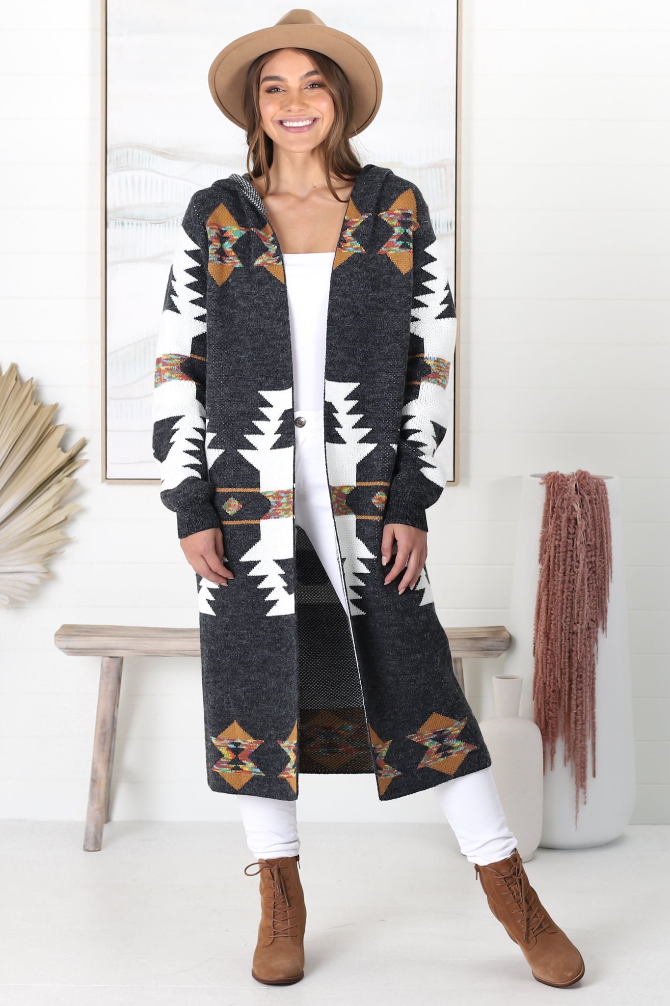 Quest Cardigan - Hooded Long Line Graphic Cardigan in Charcoal