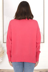 Rita Jumper - Relaxed Crew Neck Knit with Side Splits in Hot Pink