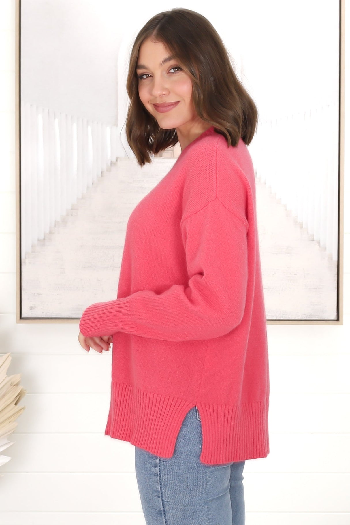 Rita Jumper - Relaxed Crew Neck Knit with Side Splits in Hot Pink