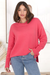 Rita Jumper - Relaxed Crew Neck Knit with Side Splits in Hot Pink