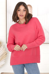 Rita Jumper - Relaxed Crew Neck Knit with Side Splits in Hot Pink