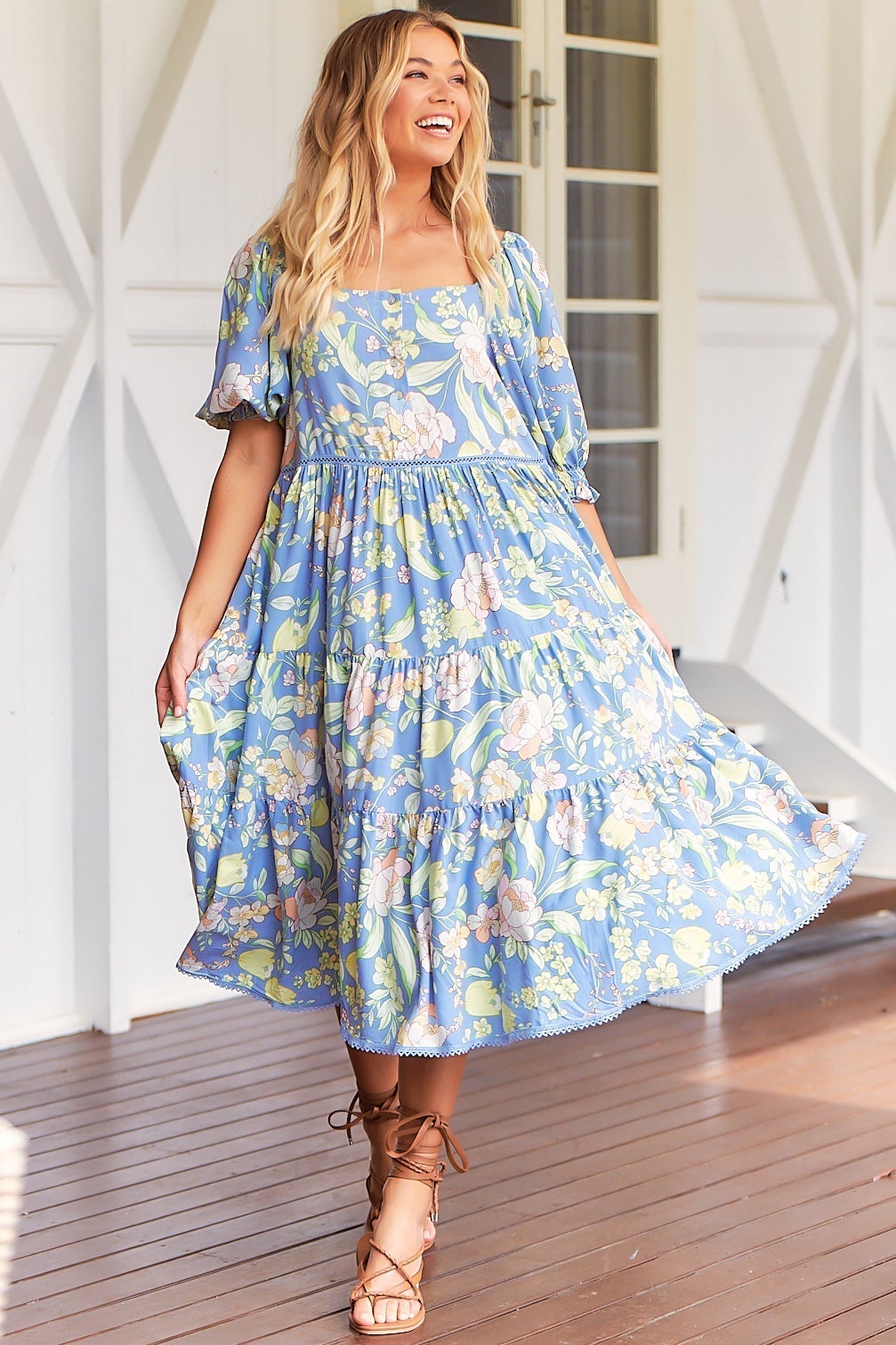 JAASE - Rosella Midi Dress - Milkmaid Neckline with Buttoned Bodice in Blue Dusk Print