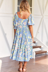 JAASE - Rosella Midi Dress - Milkmaid Neckline with Buttoned Bodice in Blue Dusk Print